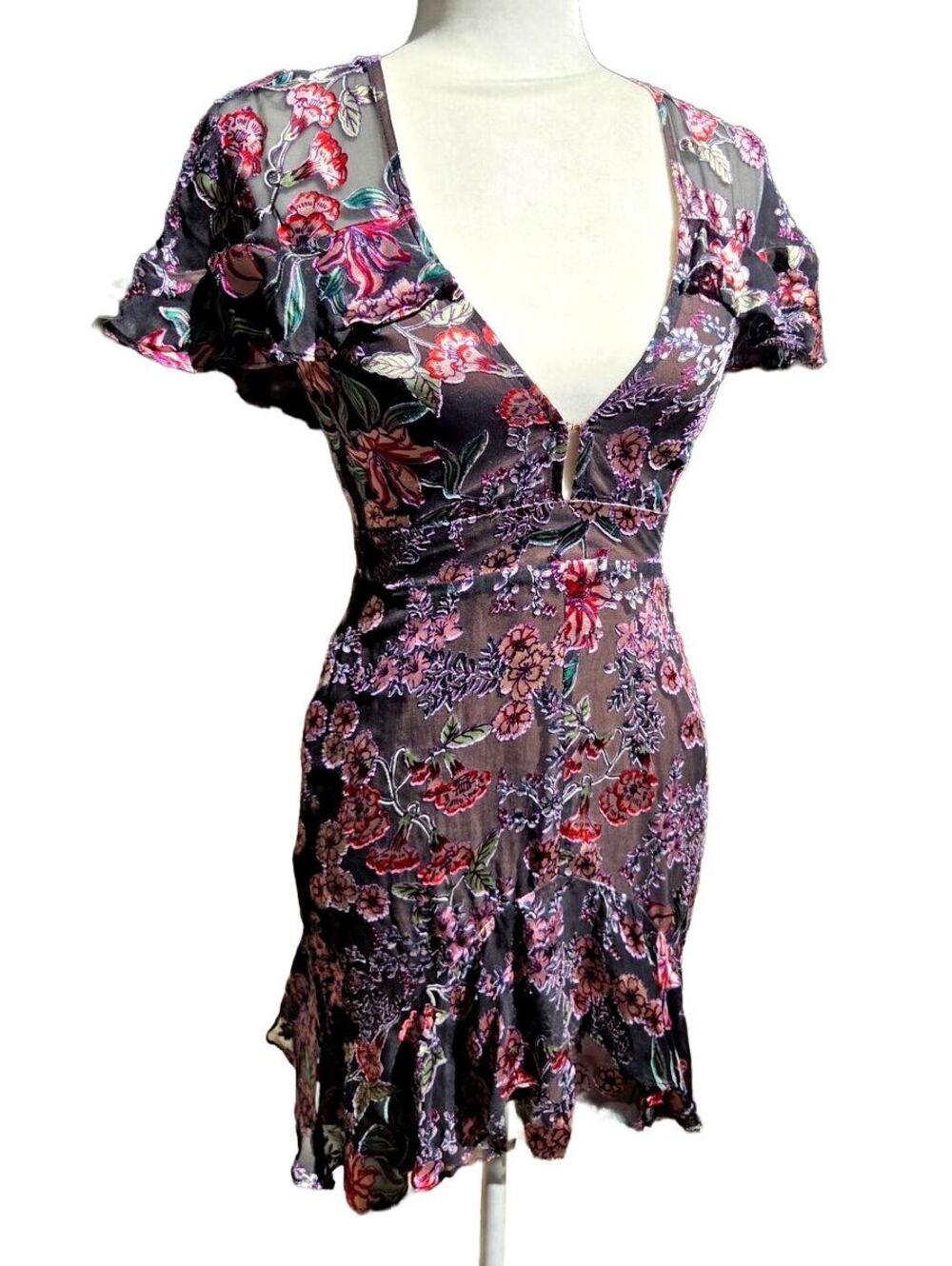 For Love & Lemons Black Pink Floral Velvet Burnout Dress Coquette Whimsigoth XS